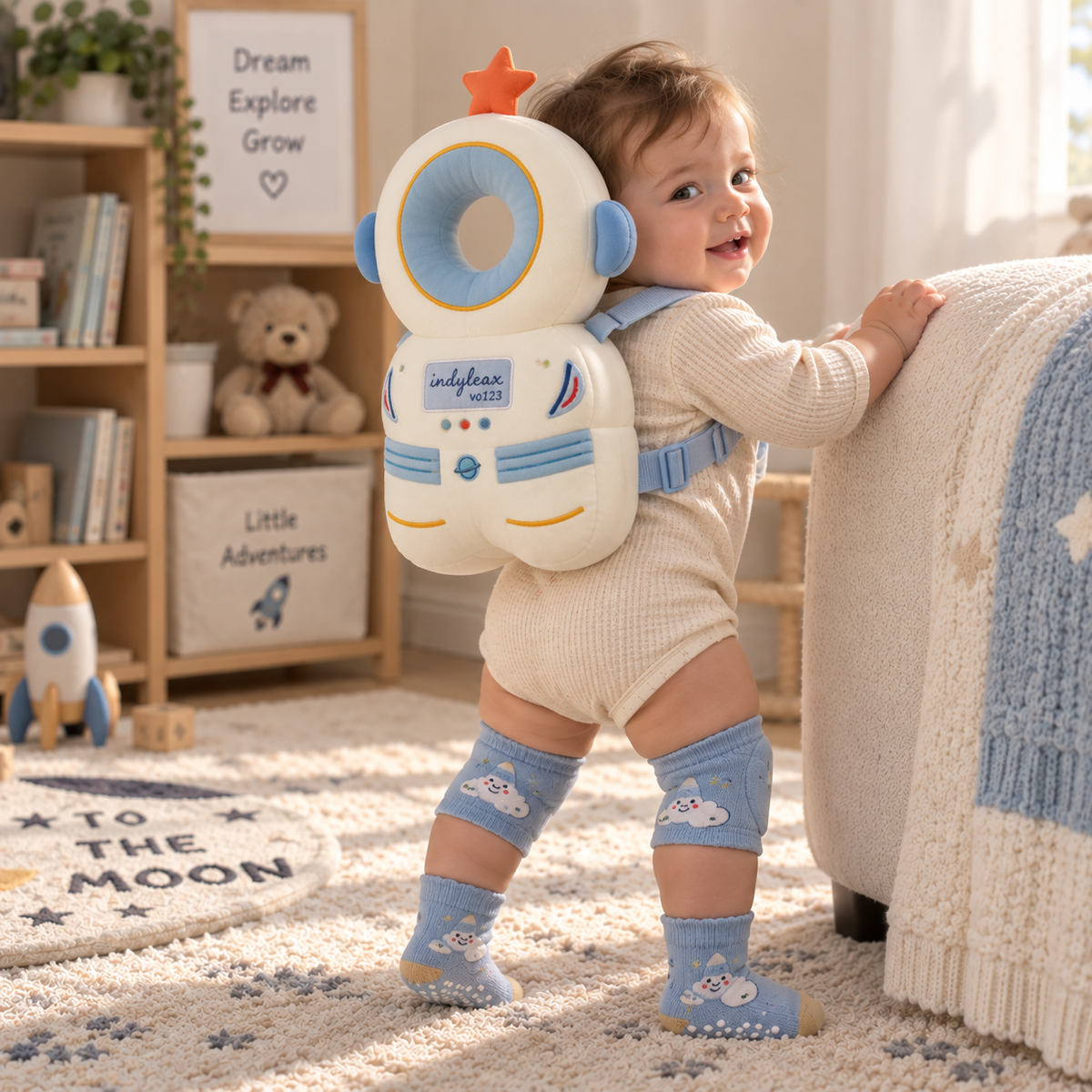 Baby standing in the Astronaut Baby Steps bundle