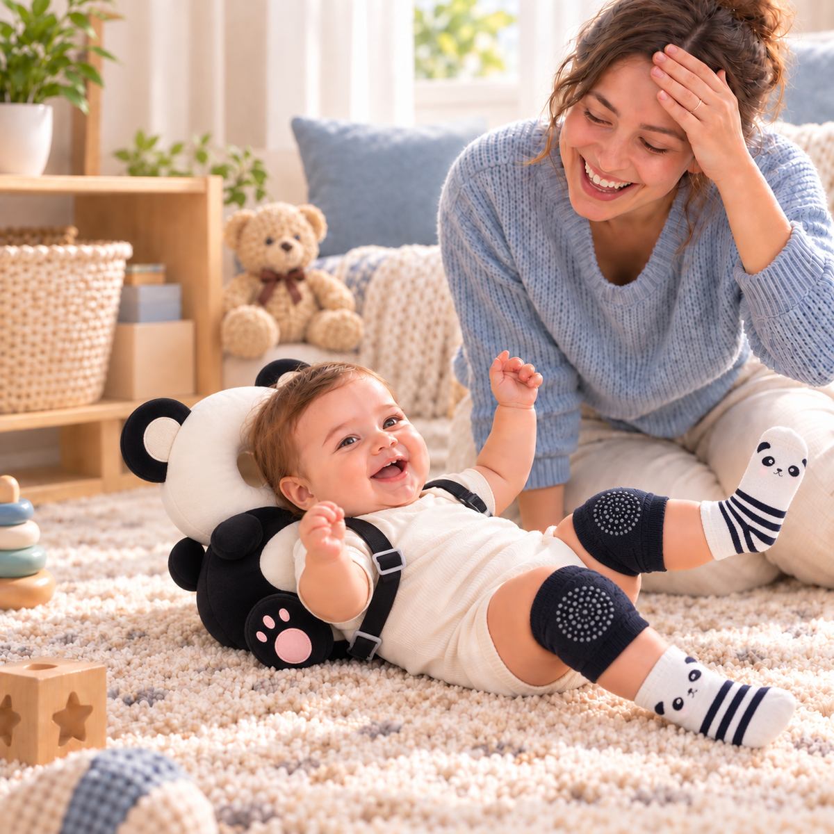 Baby wearing the Panda Baby Steps bundle during supervised play