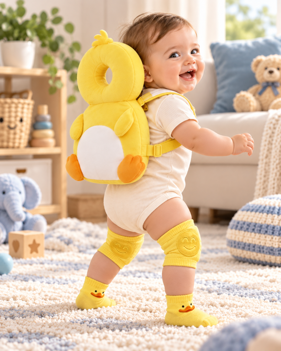 Baby standing in the Yellow Chick Baby Steps bundle