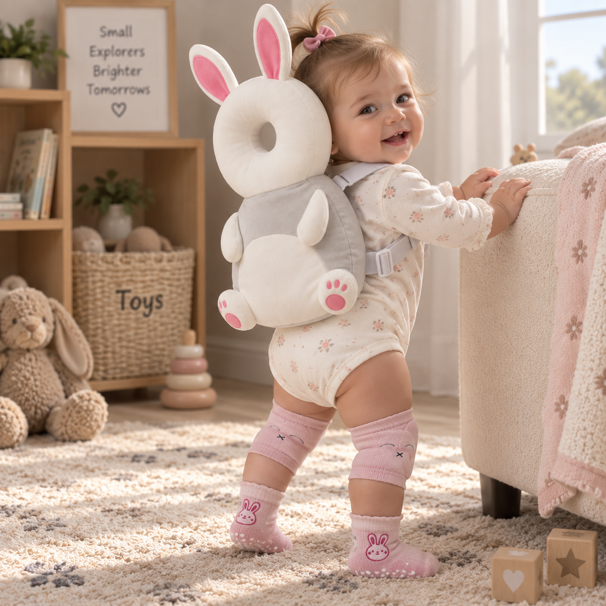 Baby standing in the Bunny Baby Steps bundle